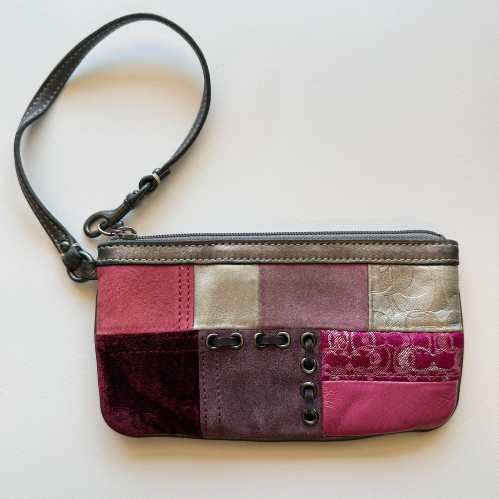 Coach Pink Patchwork Wristlet Suede Velvet Leather Signature C Metallic Pouch
